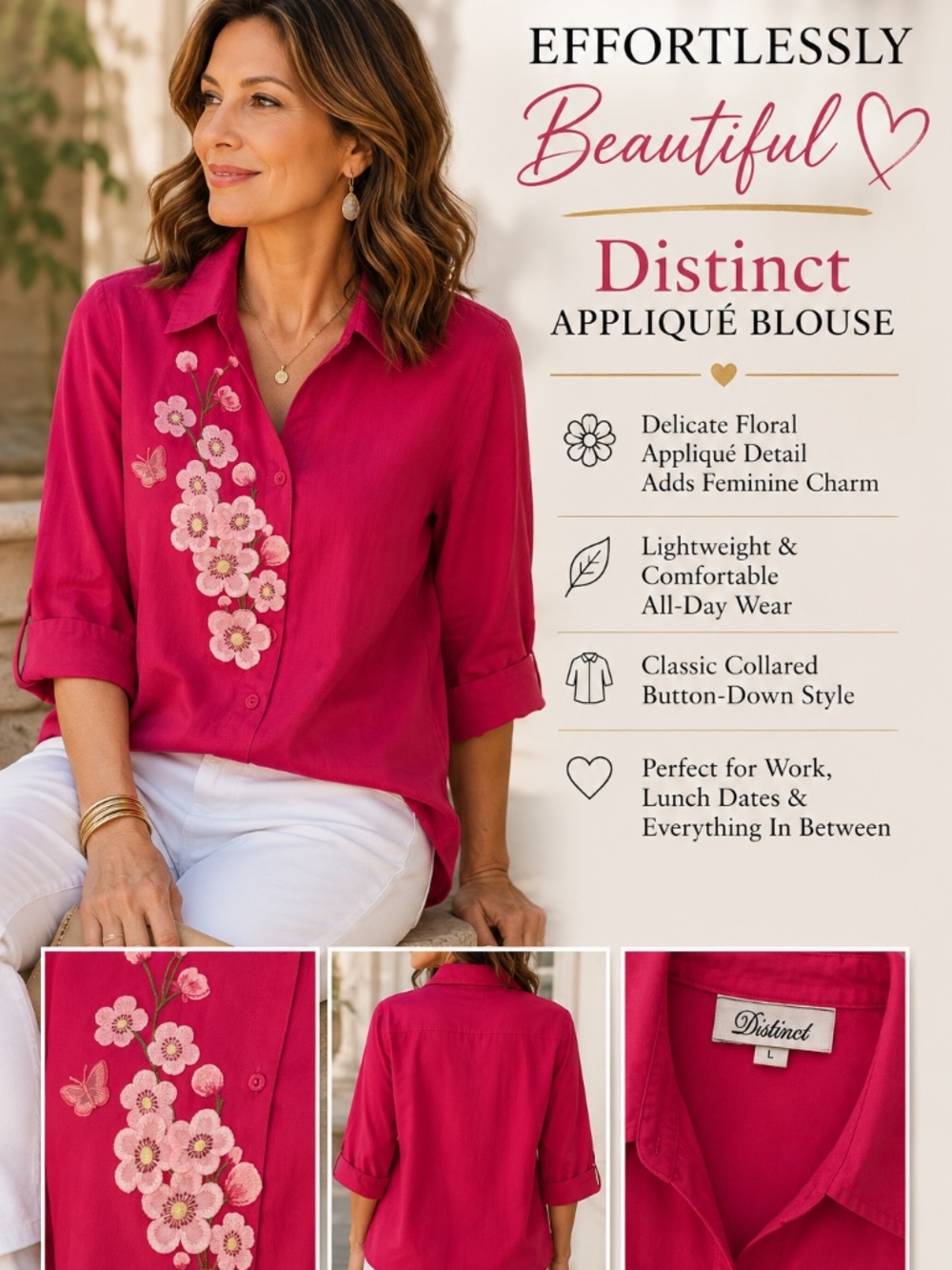 Distinct Pink Floral Appliqué Button Down Blouse Size L